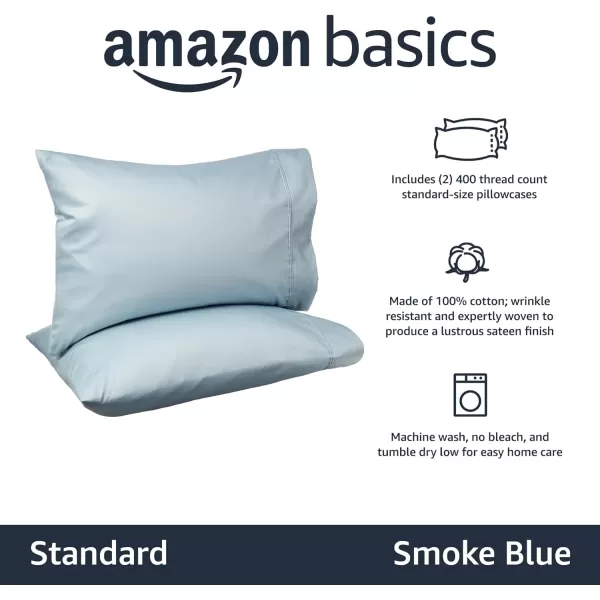 Amazon Basics 400 Thread Count Cotton Pillow Case Standard 30 L x 20 W White  Set of 2Smoke Blue Standard