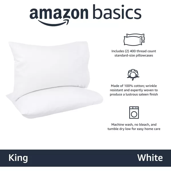 Amazon Basics 400 Thread Count Cotton Pillow Case Standard 30 L x 20 W White  Set of 2White King