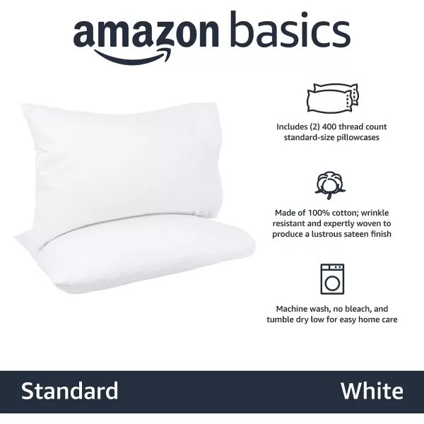 Amazon Basics 400 Thread Count Cotton Pillow Case Standard 30 L x 20 W White  Set of 2White Standard