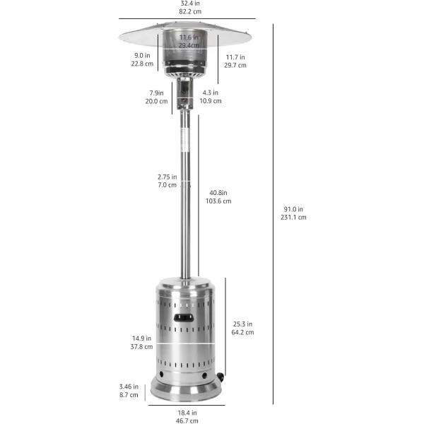 Amazon Basics 46000 BTU Outdoor Propane Patio Heater with Wheels Commercial amp Residential Havana Bronze 321 x 321 x 913 inches LxWxHStainless Steel Stainless Steel
