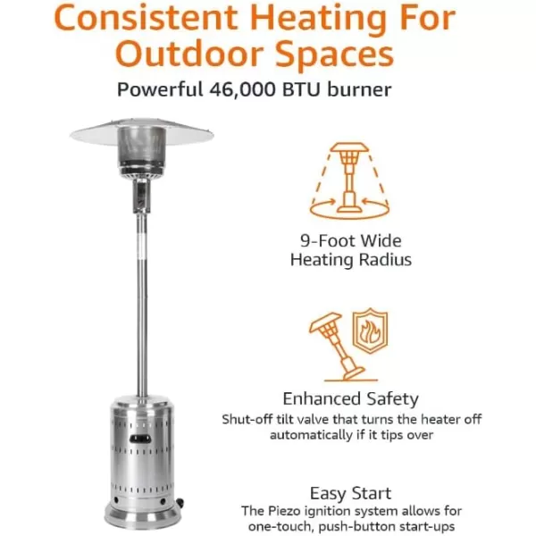 Amazon Basics 46000 BTU Outdoor Propane Patio Heater with Wheels Commercial amp Residential Havana Bronze 321 x 321 x 913 inches LxWxHStainless Steel Stainless Steel