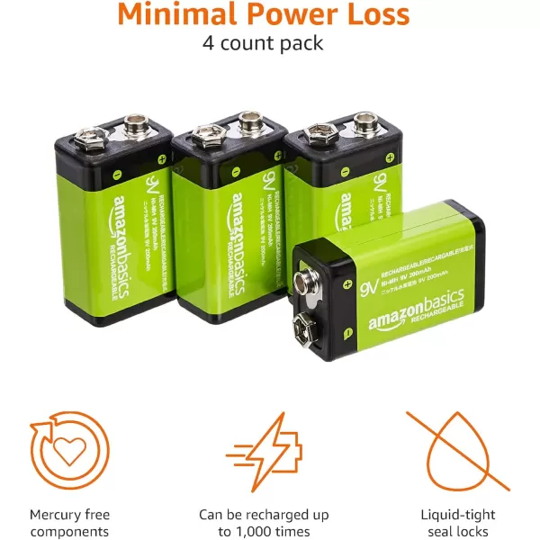 Amazon Basics 4Pack Rechargeable 9 Volt NiMH Batteries 200 mAh Long Lasting Power Recharge up to 1000x Times  PreCharged9 Volt