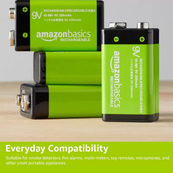 Amazon Basics 4Pack Rechargeable 9 Volt NiMH Batteries 200 mAh Long Lasting Power Recharge up to 1000x Times  PreCharged9 Volt