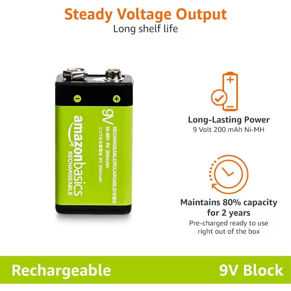 Amazon Basics 4Pack Rechargeable 9 Volt NiMH Batteries 200 mAh Long Lasting Power Recharge up to 1000x Times  PreCharged9 Volt