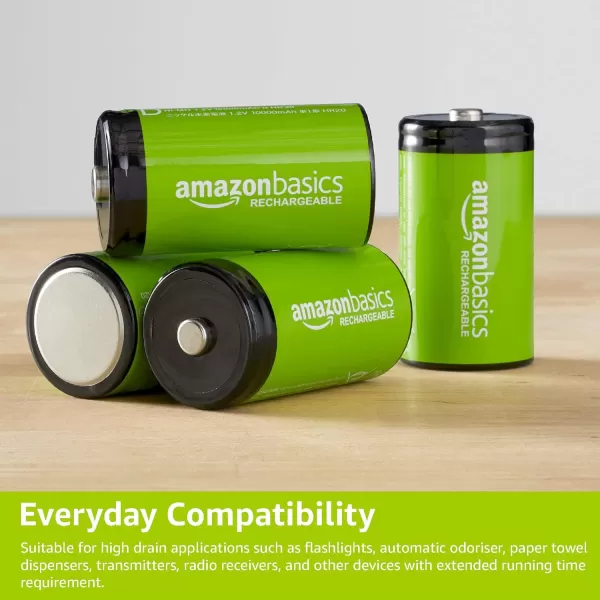 Amazon Basics 4Pack Rechargeable 9 Volt NiMH Batteries 200 mAh Long Lasting Power Recharge up to 1000x Times  PreChargedD Cell