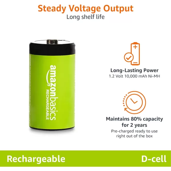 Amazon Basics 4Pack Rechargeable 9 Volt NiMH Batteries 200 mAh Long Lasting Power Recharge up to 1000x Times  PreChargedD Cell