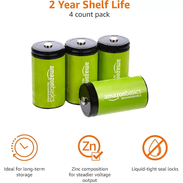Amazon Basics 4Pack Rechargeable 9 Volt NiMH Batteries 200 mAh Long Lasting Power Recharge up to 1000x Times  PreChargedD Cell