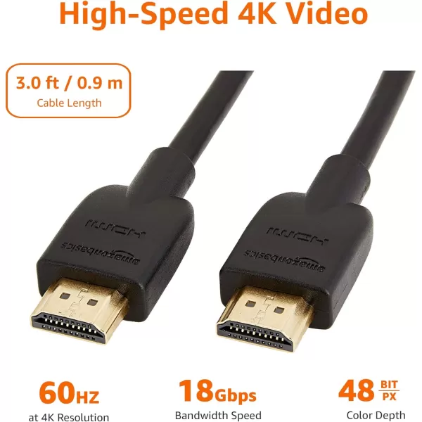 Amazon Basics 52Pack HDMI Cable 18Gbps HighSpeed 4K60Hz 2160p GoldPlated Plugs Ethernet Ready 6 Foot BlackBlack 3 Feet