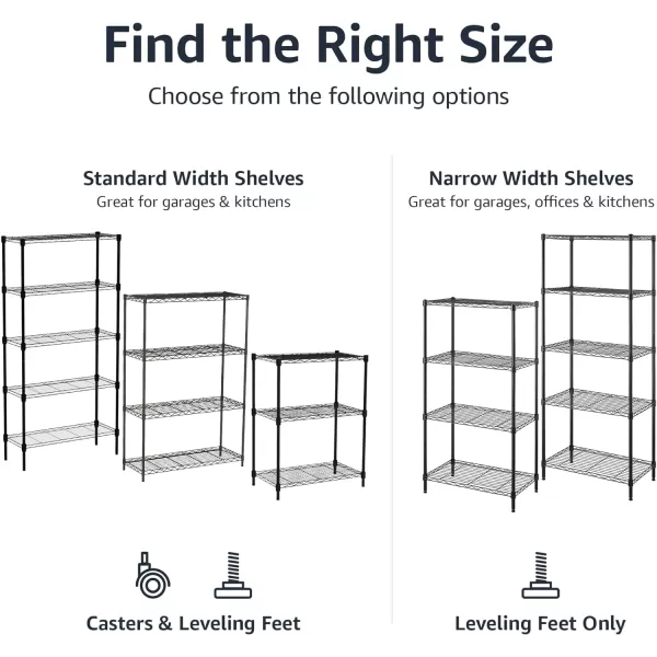 Amazon Basics 5Shelf Medium Adjustable Heavy Duty Storage Shelving Unit on 4 Wheel Casters Metal Organizer Wire Rack Chrome 30 L x 14 W x 648 H3Shelf Narrow With Wheels Black