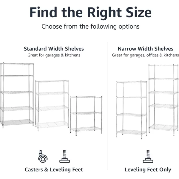 Amazon Basics 5Shelf Medium Adjustable Heavy Duty Storage Shelving Unit on 4 Wheel Casters Metal Organizer Wire Rack Chrome 30 L x 14 W x 648 H3Shelf Narrow No Wheels Chrome