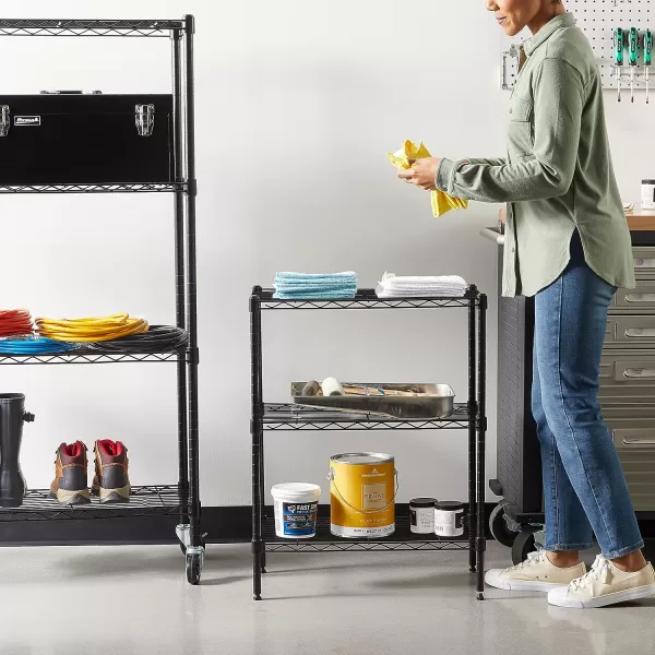 Amazon Basics 5Shelf Medium Adjustable Heavy Duty Storage Shelving Unit on 4 Wheel Casters Metal Organizer Wire Rack Chrome 30 L x 14 W x 648 H3Shelf Narrow No Wheels Black
