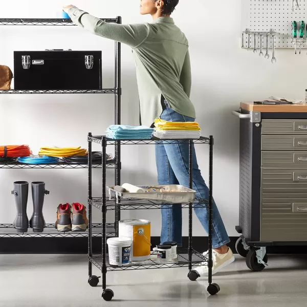 Amazon Basics 5Shelf Medium Adjustable Heavy Duty Storage Shelving Unit on 4 Wheel Casters Metal Organizer Wire Rack Chrome 30 L x 14 W x 648 H3Shelf Narrow With Wheels Black