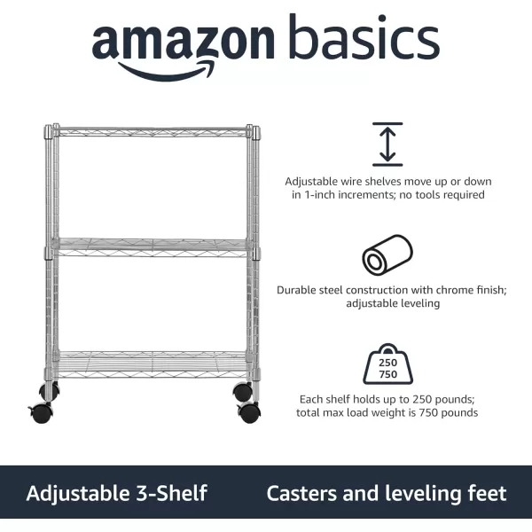 Amazon Basics 5Shelf Medium Adjustable Heavy Duty Storage Shelving Unit on 4 Wheel Casters Metal Organizer Wire Rack Chrome 30 L x 14 W x 648 H3Shelf Narrow With Wheels Chrome