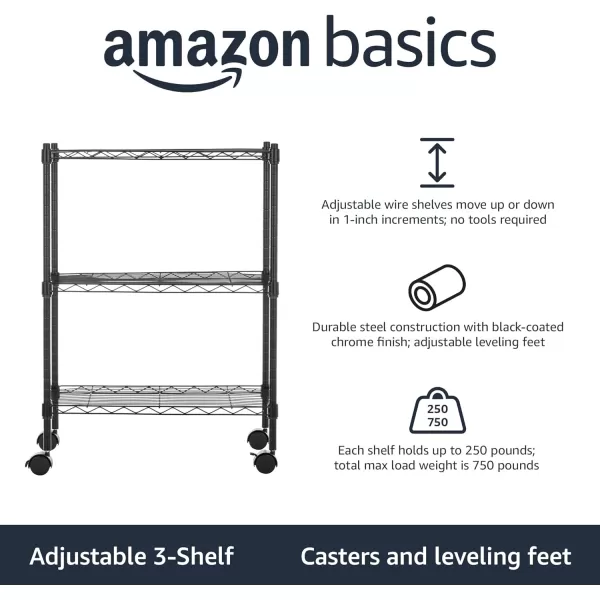 Amazon Basics 5Shelf Medium Adjustable Heavy Duty Storage Shelving Unit on 4 Wheel Casters Metal Organizer Wire Rack Chrome 30 L x 14 W x 648 H3Shelf Narrow With Wheels Black