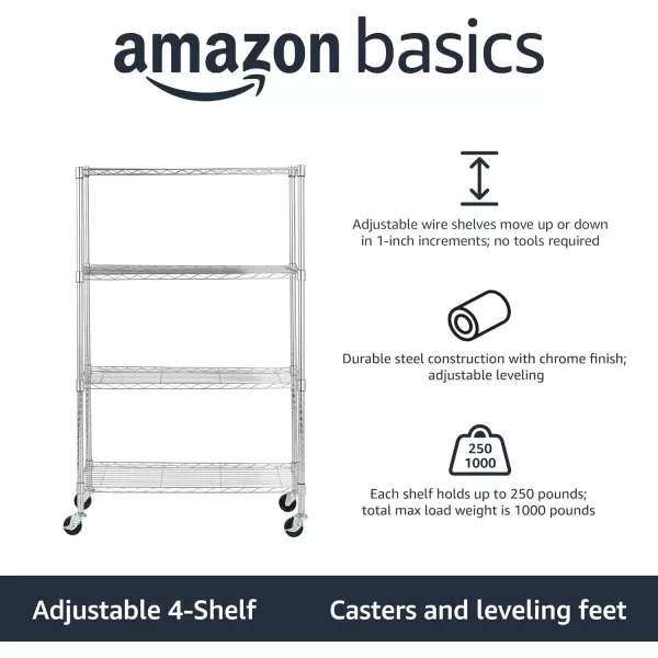 Amazon Basics 5Shelf Medium Adjustable Heavy Duty Storage Shelving Unit on 4 Wheel Casters Metal Organizer Wire Rack Chrome 30 L x 14 W x 648 H4Shelf With Wheels Chrome