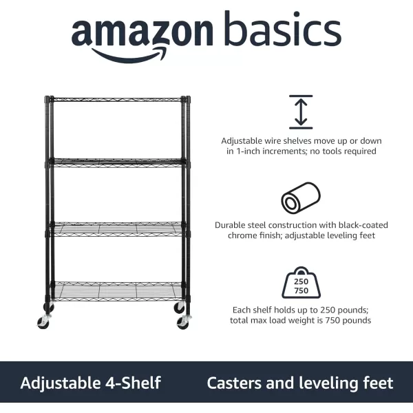 Amazon Basics 5Shelf Medium Adjustable Heavy Duty Storage Shelving Unit on 4 Wheel Casters Metal Organizer Wire Rack Chrome 30 L x 14 W x 648 H4Shelf With Wheels Black