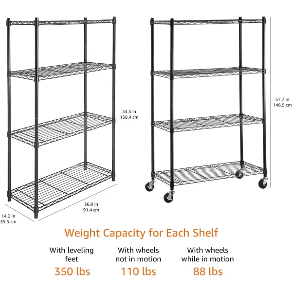 Amazon Basics 5Shelf Medium Adjustable Heavy Duty Storage Shelving Unit on 4 Wheel Casters Metal Organizer Wire Rack Chrome 30 L x 14 W x 648 H4Shelf With Wheels Black