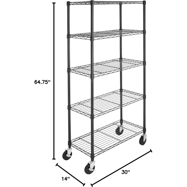 Amazon Basics 5Shelf Medium Adjustable Heavy Duty Storage Shelving Unit on 4 Wheel Casters Metal Organizer Wire Rack Chrome 30 L x 14 W x 648 H5Shelf Medium With Wheels Black