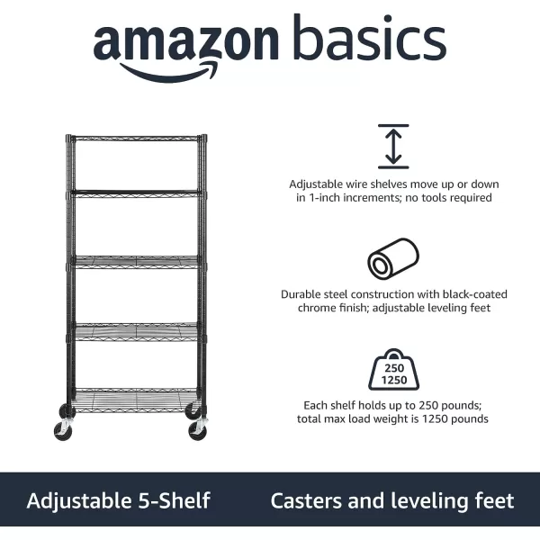 Amazon Basics 5Shelf Medium Adjustable Heavy Duty Storage Shelving Unit on 4 Wheel Casters Metal Organizer Wire Rack Chrome 30 L x 14 W x 648 H5Shelf Medium With Wheels Black