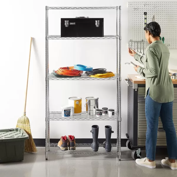Amazon Basics 5Shelf Medium Adjustable Heavy Duty Storage Shelving Unit on 4 Wheel Casters Metal Organizer Wire Rack Chrome 30 L x 14 W x 648 H5Shelf No Wheels Chrome