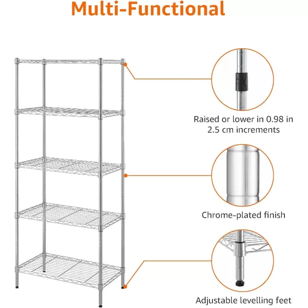 Amazon Basics 5Shelf Medium Adjustable Heavy Duty Storage Shelving Unit on 4 Wheel Casters Metal Organizer Wire Rack Chrome 30 L x 14 W x 648 H5Shelf Narrow No Wheels Chrome