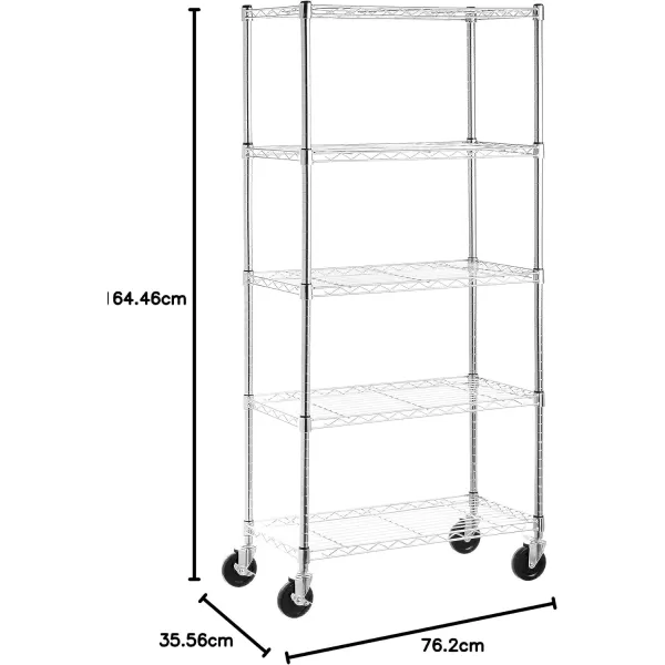 Amazon Basics 5Shelf Medium Adjustable Heavy Duty Storage Shelving Unit on 4 Wheel Casters Metal Organizer Wire Rack Chrome 30 L x 14 W x 648 H5Shelf Medium With Wheels Chrome