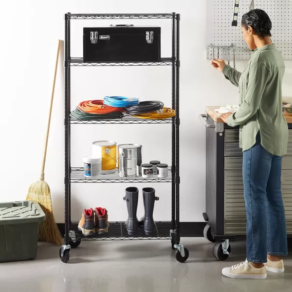 Amazon Basics 5Shelf Medium Adjustable Heavy Duty Storage Shelving Unit on 4 Wheel Casters Metal Organizer Wire Rack Chrome 30 L x 14 W x 648 H5Shelf Medium With Wheels Black