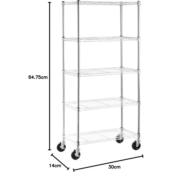 Amazon Basics 5Shelf Medium Adjustable Heavy Duty Storage Shelving Unit on 4 Wheel Casters Metal Organizer Wire Rack Chrome 30 L x 14 W x 648 H5Shelf Medium With Wheels Chrome