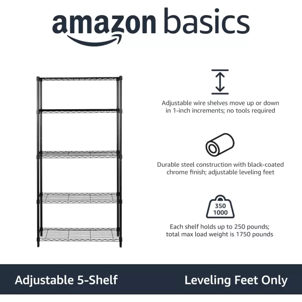 Amazon Basics 5Shelf Medium Adjustable Heavy Duty Storage Shelving Unit on 4 Wheel Casters Metal Organizer Wire Rack Chrome 30 L x 14 W x 648 H5Shelf No Wheels Black