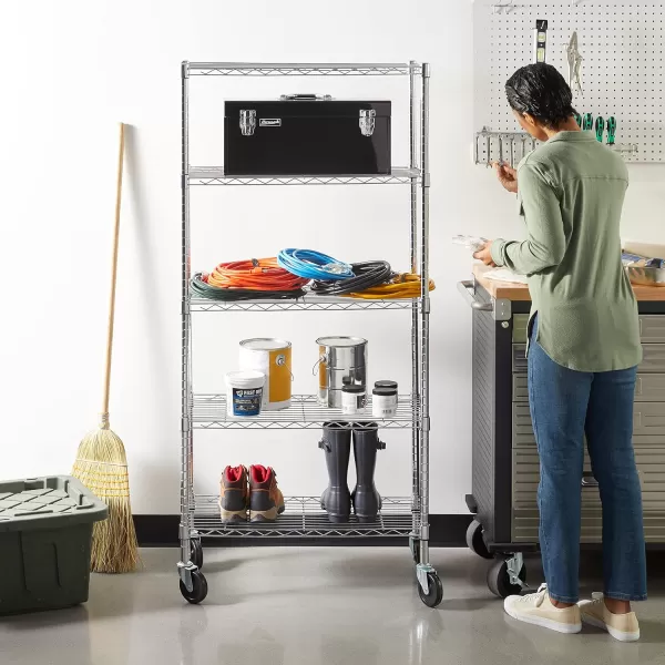 Amazon Basics 5Shelf Medium Adjustable Heavy Duty Storage Shelving Unit on 4 Wheel Casters Metal Organizer Wire Rack Chrome 30 L x 14 W x 648 H5Shelf Medium With Wheels Chrome