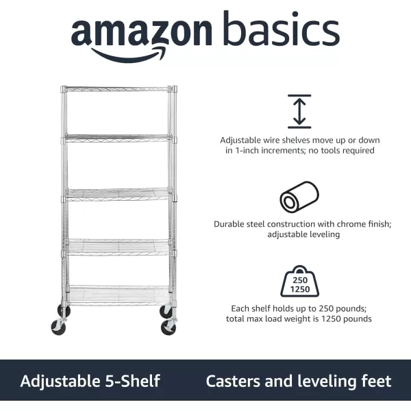 Amazon Basics 5Shelf Medium Adjustable Heavy Duty Storage Shelving Unit on 4 Wheel Casters Metal Organizer Wire Rack Chrome 30 L x 14 W x 648 H5Shelf Medium With Wheels Chrome