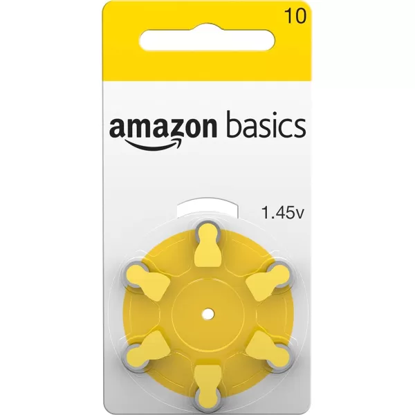 Amazon Basics 60Pack Hearing Aid Size 10 ZincAir Batteries 145 Volt Yellow Tab 4Year Shelf LifeSize 10