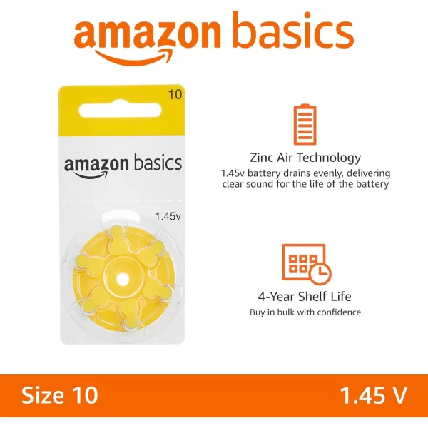 Amazon Basics 60Pack Hearing Aid Size 10 ZincAir Batteries 145 Volt Yellow Tab 4Year Shelf LifeSize 10