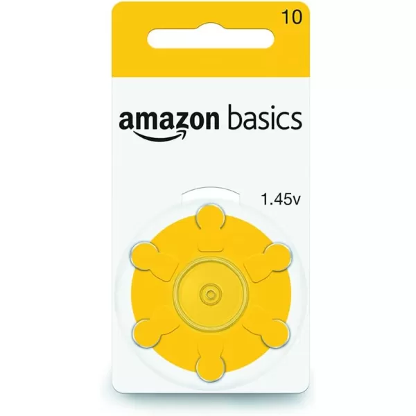 Amazon Basics 60Pack Hearing Aid Size 10 ZincAir Batteries 145 Volt Yellow Tab 4Year Shelf LifeSize 10