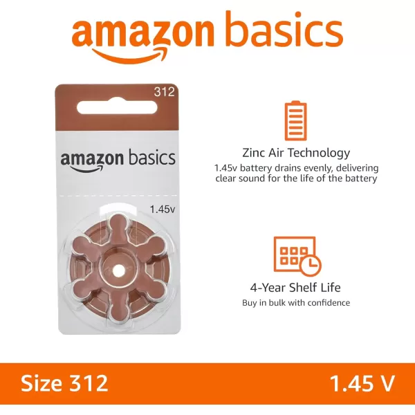 Amazon Basics 60Pack Hearing Aid Size 10 ZincAir Batteries 145 Volt Yellow Tab 4Year Shelf LifeSize 312