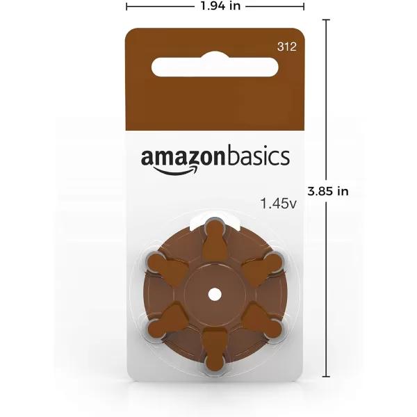 Amazon Basics 60Pack Hearing Aid Size 10 ZincAir Batteries 145 Volt Yellow Tab 4Year Shelf LifeSize 312