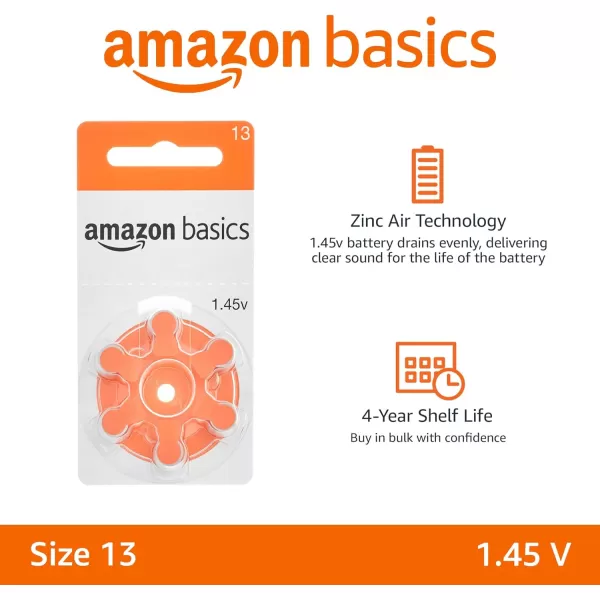 Amazon Basics 60Pack Hearing Aid Size 13 ZincAir Batteries 145 Volt Orange Tab 4Year Shelf LifeSize 13