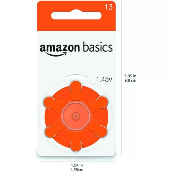 Amazon Basics 60Pack Hearing Aid Size 13 ZincAir Batteries 145 Volt Orange Tab 4Year Shelf LifeSize 13