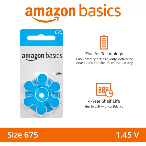 Amazon Basics 60Pack Hearing Aid Size 675 ZincAir Batteries 145 Volt Blue Tab 4Year Shelf LifeSize 675