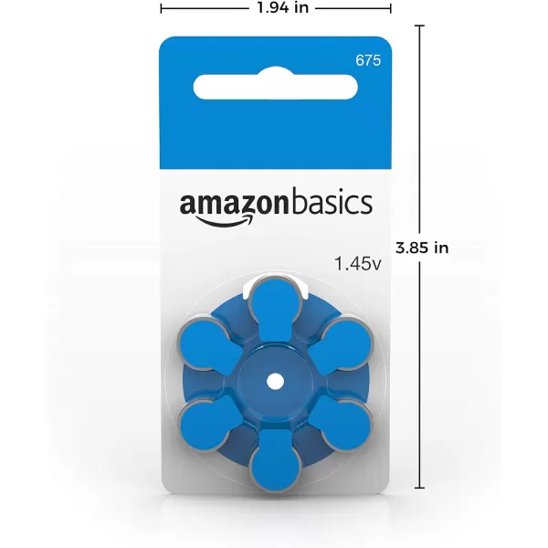 Amazon Basics 60Pack Hearing Aid Size 675 ZincAir Batteries 145 Volt Blue Tab 4Year Shelf LifeSize 675