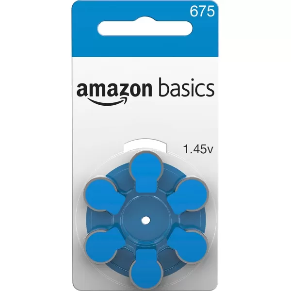 Amazon Basics 60Pack Hearing Aid Size 675 ZincAir Batteries 145 Volt Blue Tab 4Year Shelf LifeSize 675