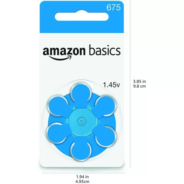 Amazon Basics 60Pack Hearing Aid Size 675 ZincAir Batteries 145 Volt Blue Tab 4Year Shelf LifeSize 675