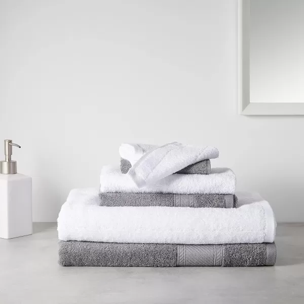 Amazon Basics 6Piece Fade Resistant Bath towel Hand and Washcloth Set  Cotton Gray 1425 L x 1085 WDark GrayWhite 6Piece Set