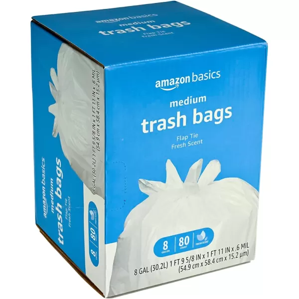 Amazon Basics 8 Gallon Flap Tie Trash Bags 80 Count Fresh Scent80 Count Pack of 3