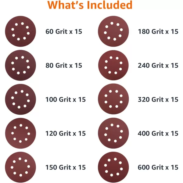 Amazon Basics 8Hole Hook and Loop Sanding Discs  Assorted Grit 5Inch 60Pack150Piece Assorted Red