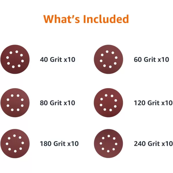 Amazon Basics 8Hole Hook and Loop Sanding Discs  Assorted Grit 5Inch 60Pack60Piece Assorted Red