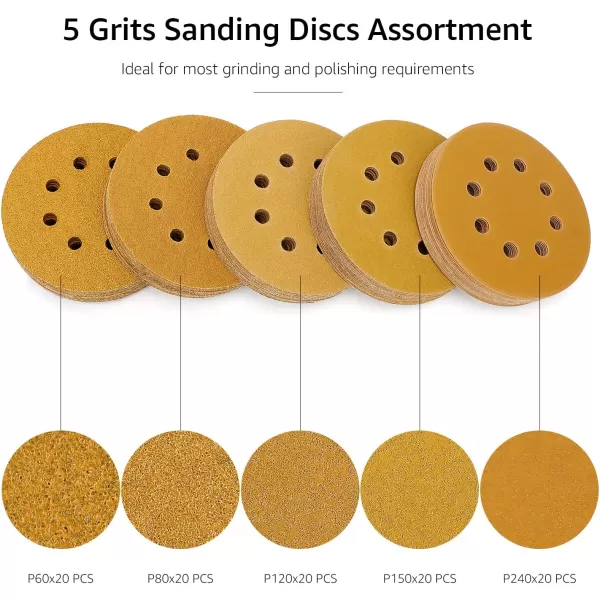 Amazon Basics 8Hole Hook and Loop Sanding Discs  Assorted Grit 5Inch 60PackAssorted Grits 60240 Yellow