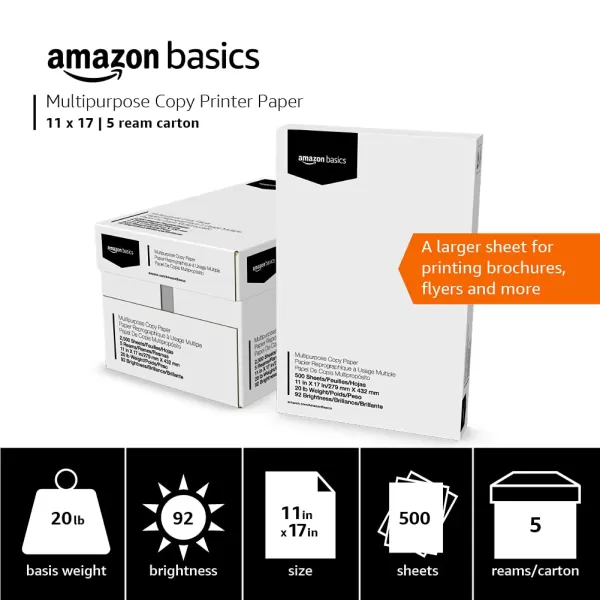 Amazon Basics 92 Bright Multipurpose Copy Paper 11 x 17 Inches Pack of 5 2500 Count WhiteAmazon Basics 92 Bright Multipurpose Copy Paper 11 x 17 Inches Pack of 5 2500 Count White