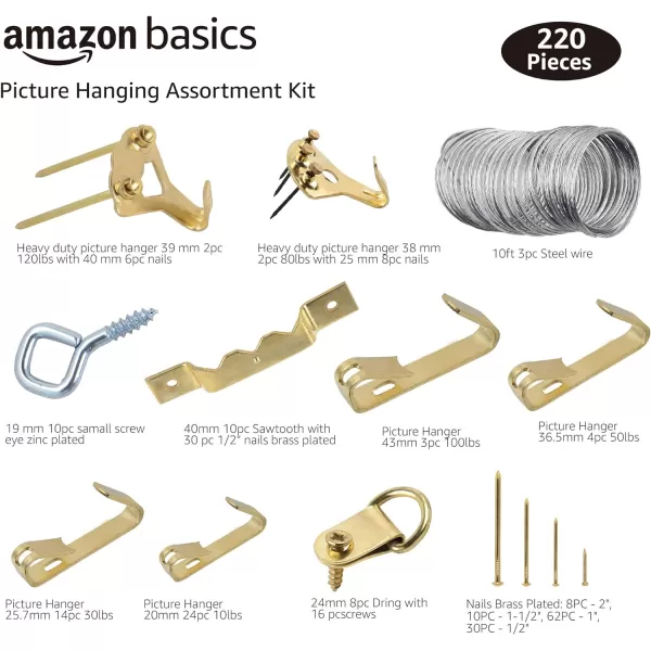 Amazon Basics ABSK101 Picture Hanging Assortment Kit Brass 220Piece Set Selling Unit Dimension Gold PlatedPicture Hanging