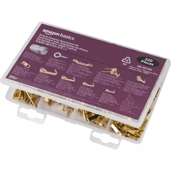 Amazon Basics ABSK101 Picture Hanging Assortment Kit Brass 220Piece Set Selling Unit Dimension Gold PlatedPicture Hanging